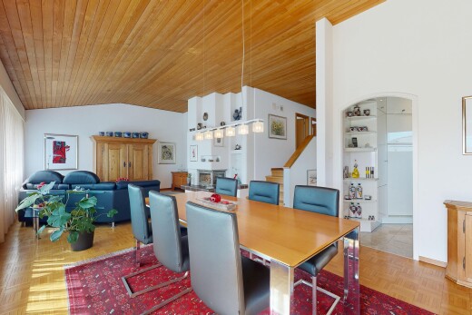 esszimmer mit holzdecke, wood ceiling, parquet floor, gipskartonwand, und drywall