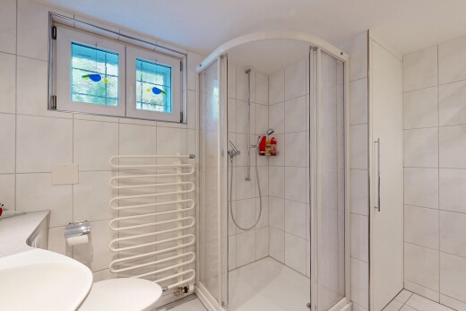 salle de bains avec douche, salle de bain complète, natural light, tile wall, et inside property
