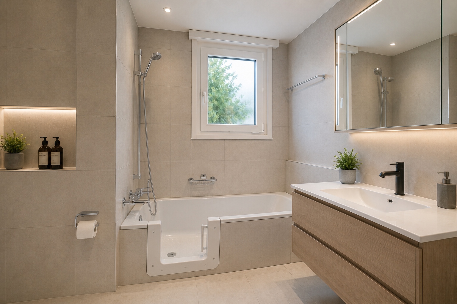 bathroom with vanity, tile walls, tiled shower / bath, and light tile patterned flooring