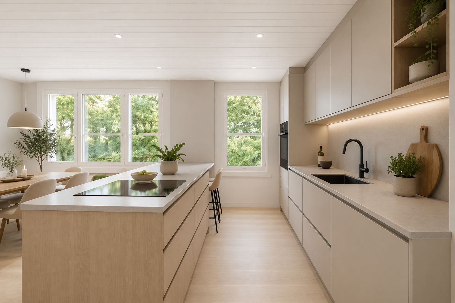 kitchen with light countertops, white dishwasher, white cabinets, wooden ceiling, and light flooring