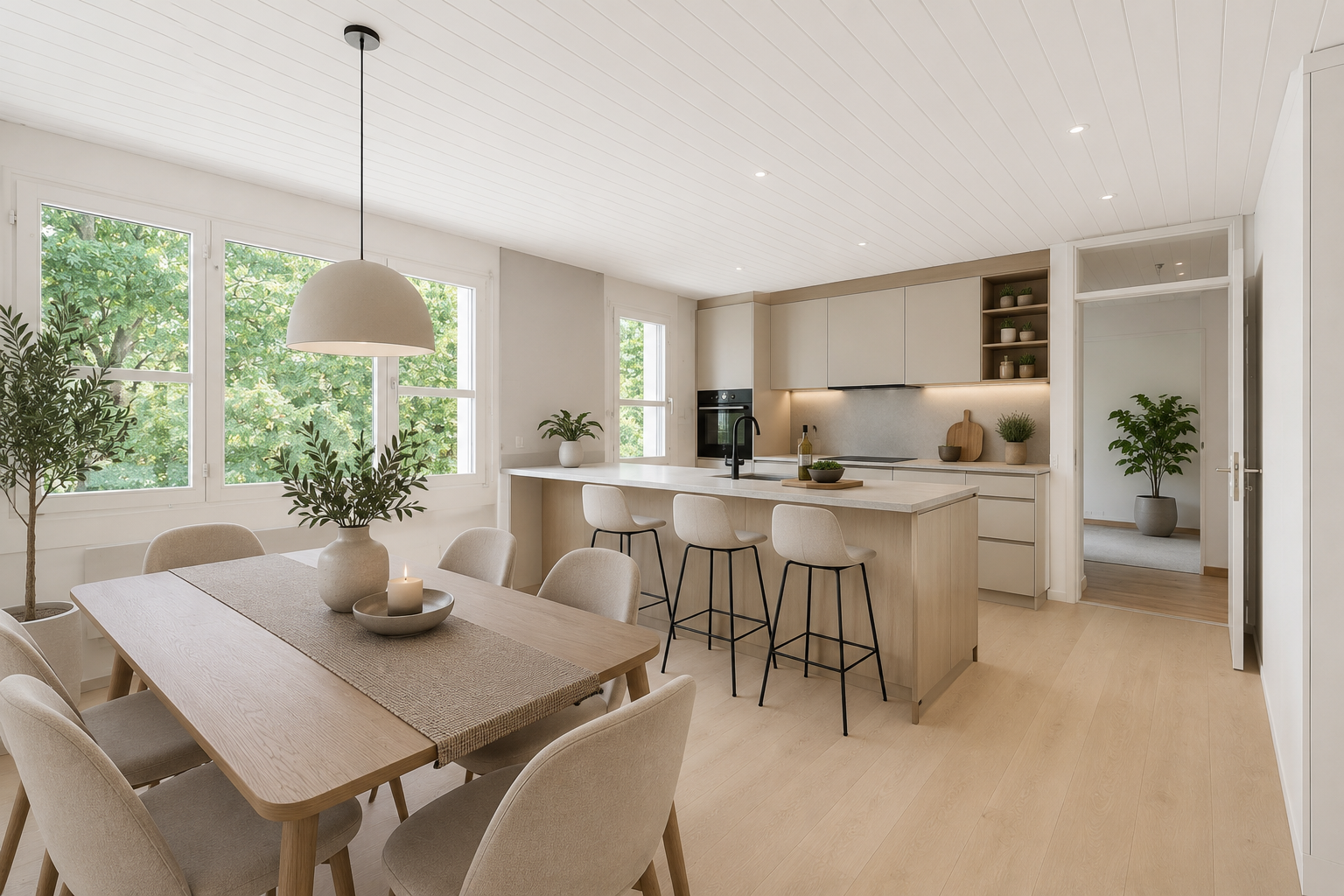 kitchen with a peninsula, light countertops, wood ceiling, decorative backsplash, and light wood-style flooring