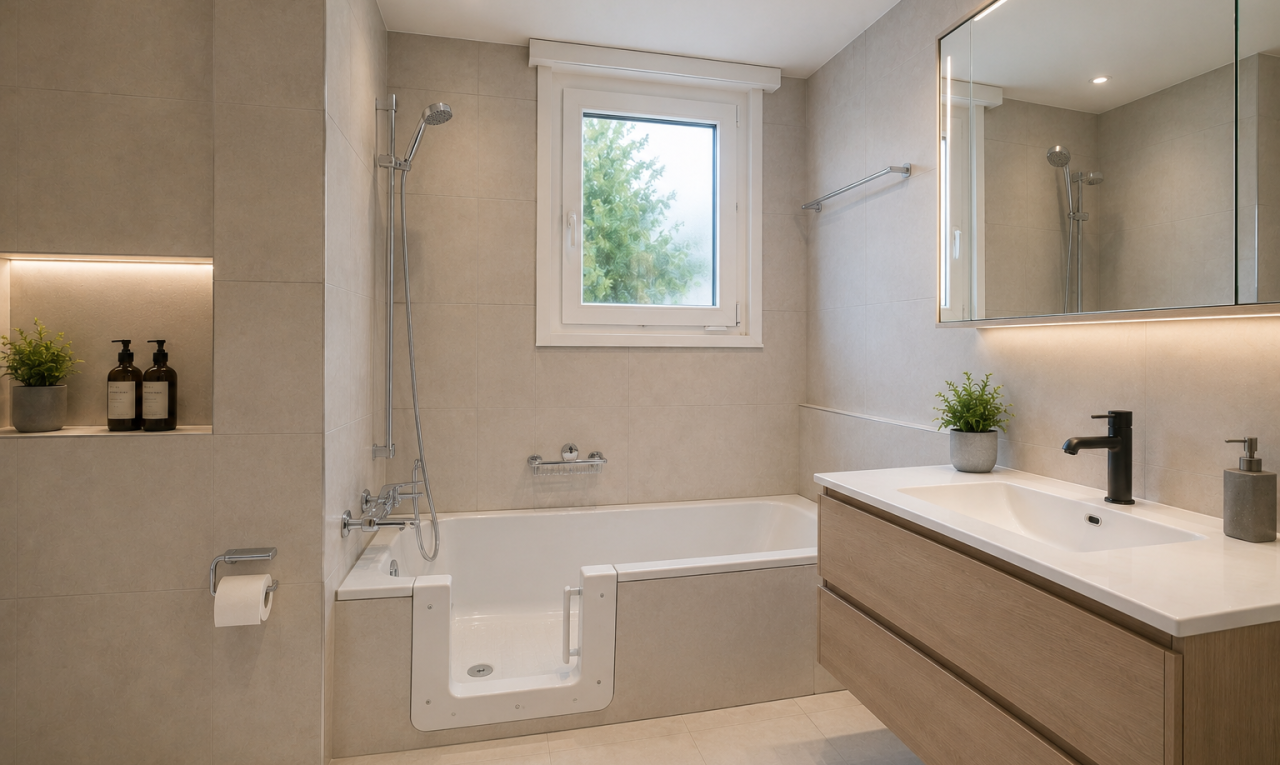 bathroom with vanity, tile walls, tiled shower / bath, and light tile patterned flooring