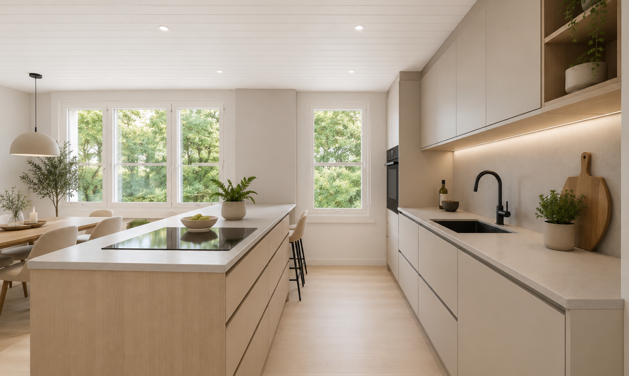kitchen with light countertops, white dishwasher, white cabinets, wooden ceiling, and light flooring