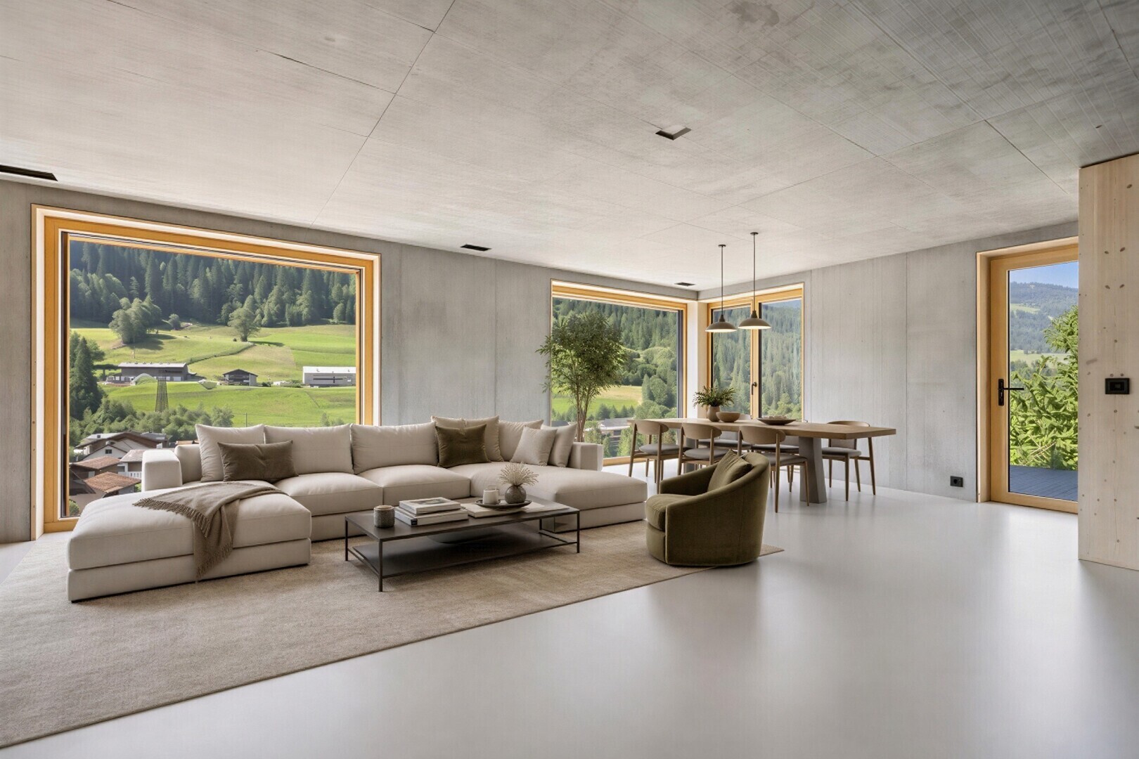 wohn- / esszimmer mit concrete ceiling, betondecke, finished concrete floor, concrete floor, und betonboden