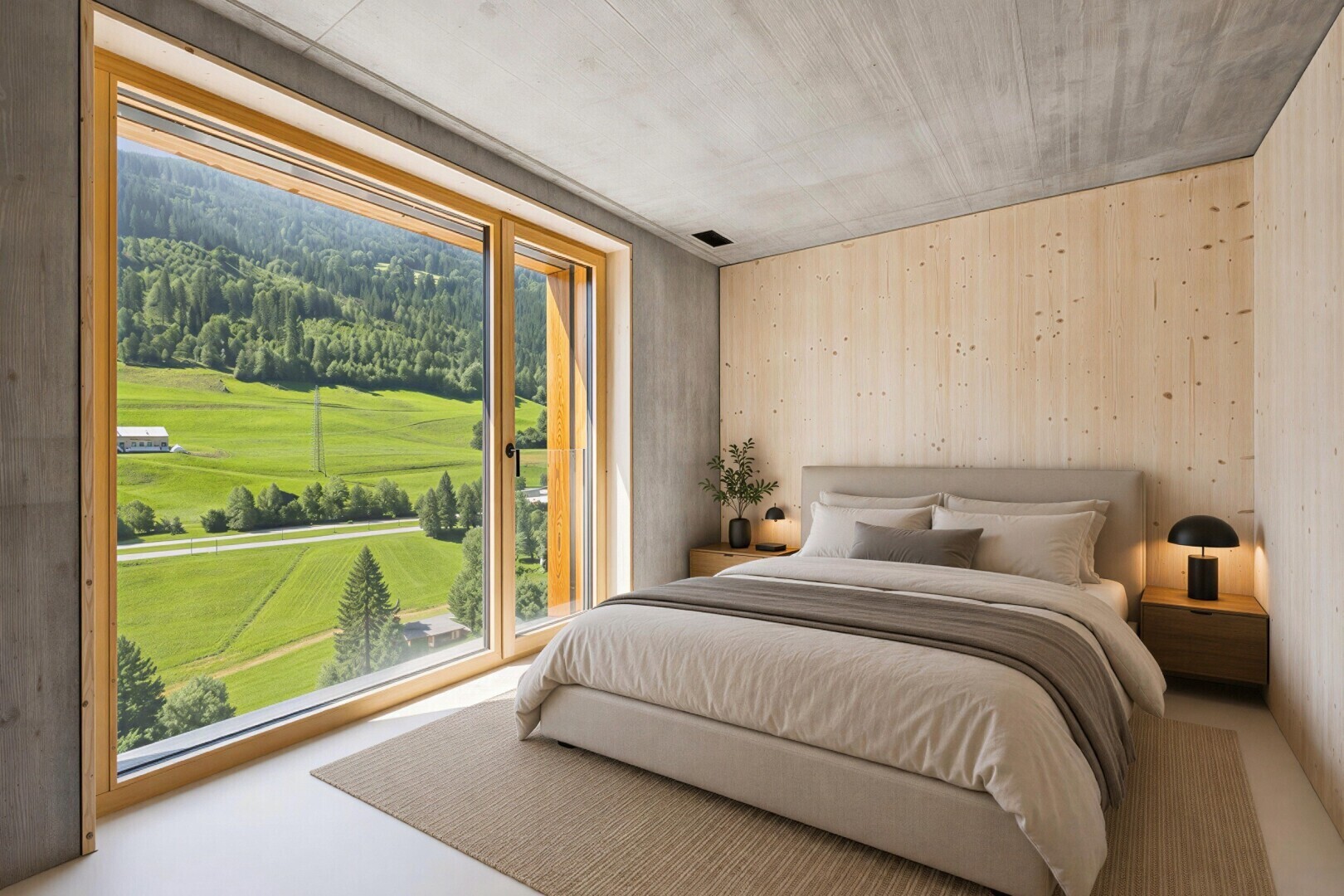 zimmer / schlafzimmer mit concrete ceiling, betondecke, virtually staged, inside property, und außenzugang