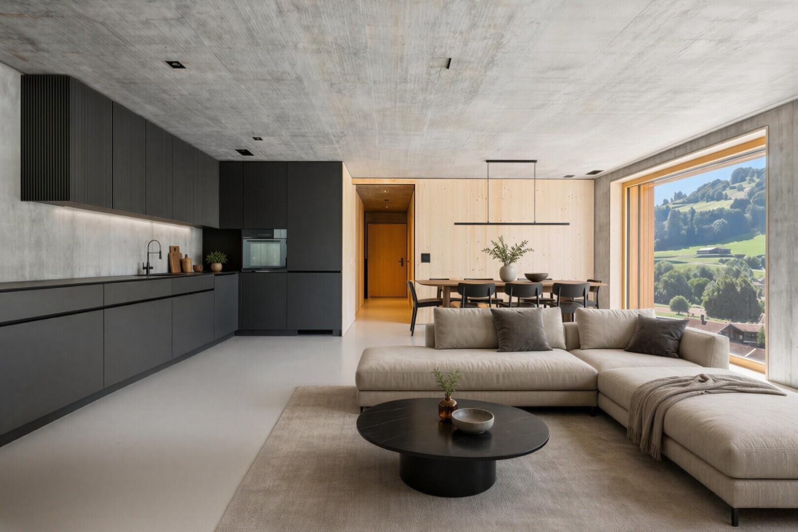 wohn- / esszimmer mit concrete ceiling, betondecke, concrete wall, betonmauer, und light floor