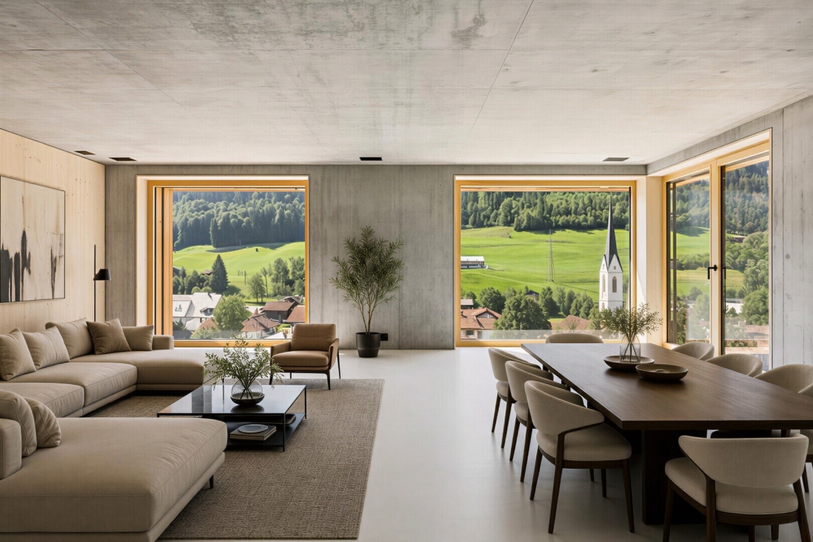wohn- / esszimmer mit betondecke, concrete ceiling, finished concrete floor, betonmauer, und concrete wall