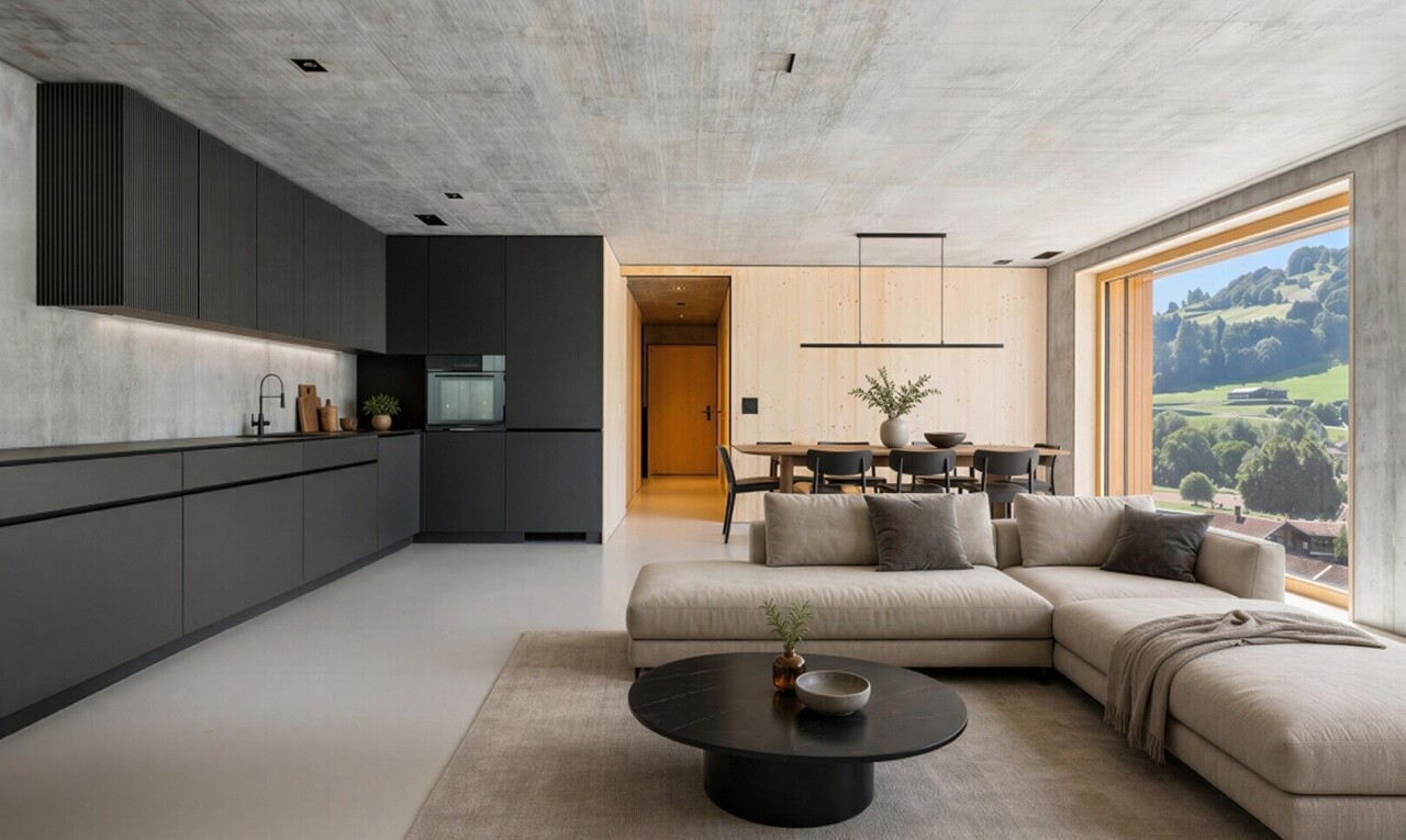 wohn- / esszimmer mit concrete ceiling, betondecke, concrete wall, betonmauer, und light floor
