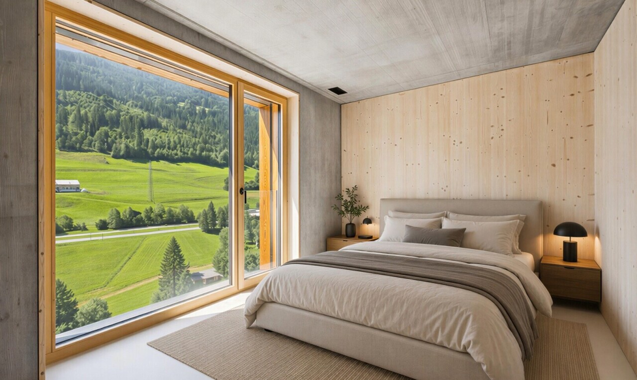 zimmer / schlafzimmer mit concrete ceiling, betondecke, virtually staged, inside property, und außenzugang