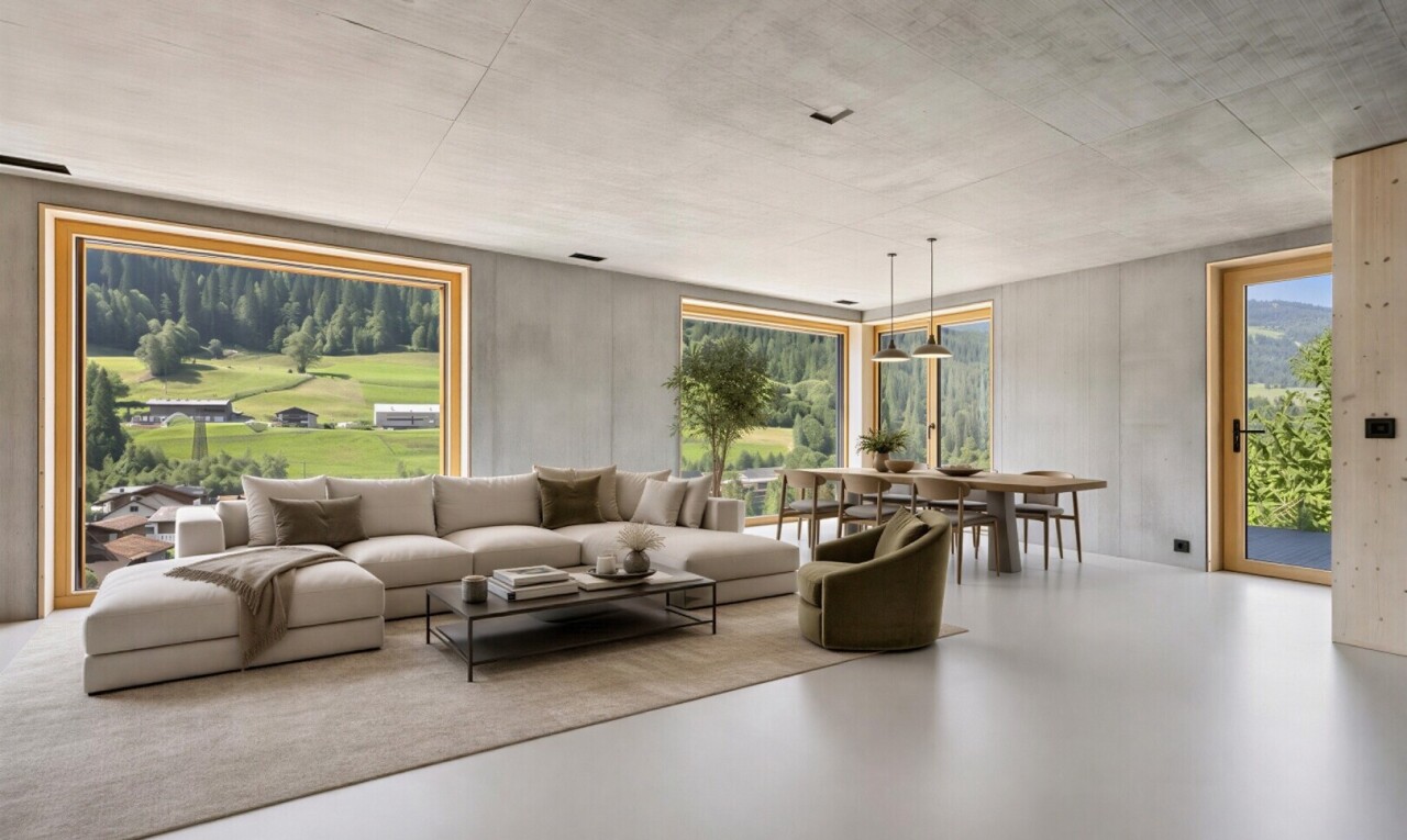 wohn- / esszimmer mit concrete ceiling, betondecke, finished concrete floor, concrete floor, und betonboden