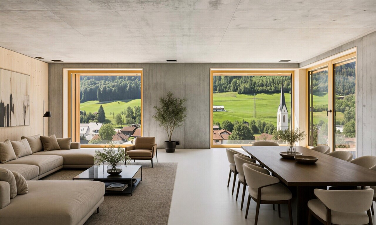 wohn- / esszimmer mit betondecke, concrete ceiling, finished concrete floor, betonmauer, und concrete wall