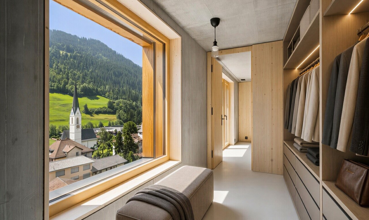 begehbarer kleiderschrank mit natürliches licht und pendelleuchte