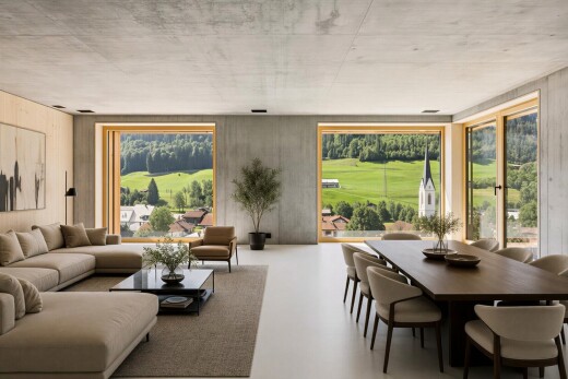 wohn- / esszimmer mit betondecke, concrete ceiling, finished concrete floor, betonmauer, und concrete wall