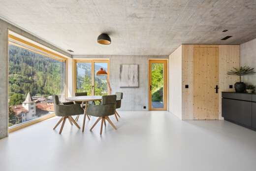 esszimmer mit concrete wall, betonmauer, concrete ceiling, betondecke, und finished concrete floor