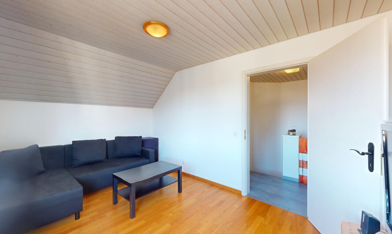 salon avec cloison sèche, plafond en bois, sol en finition bois, et plafond voûté