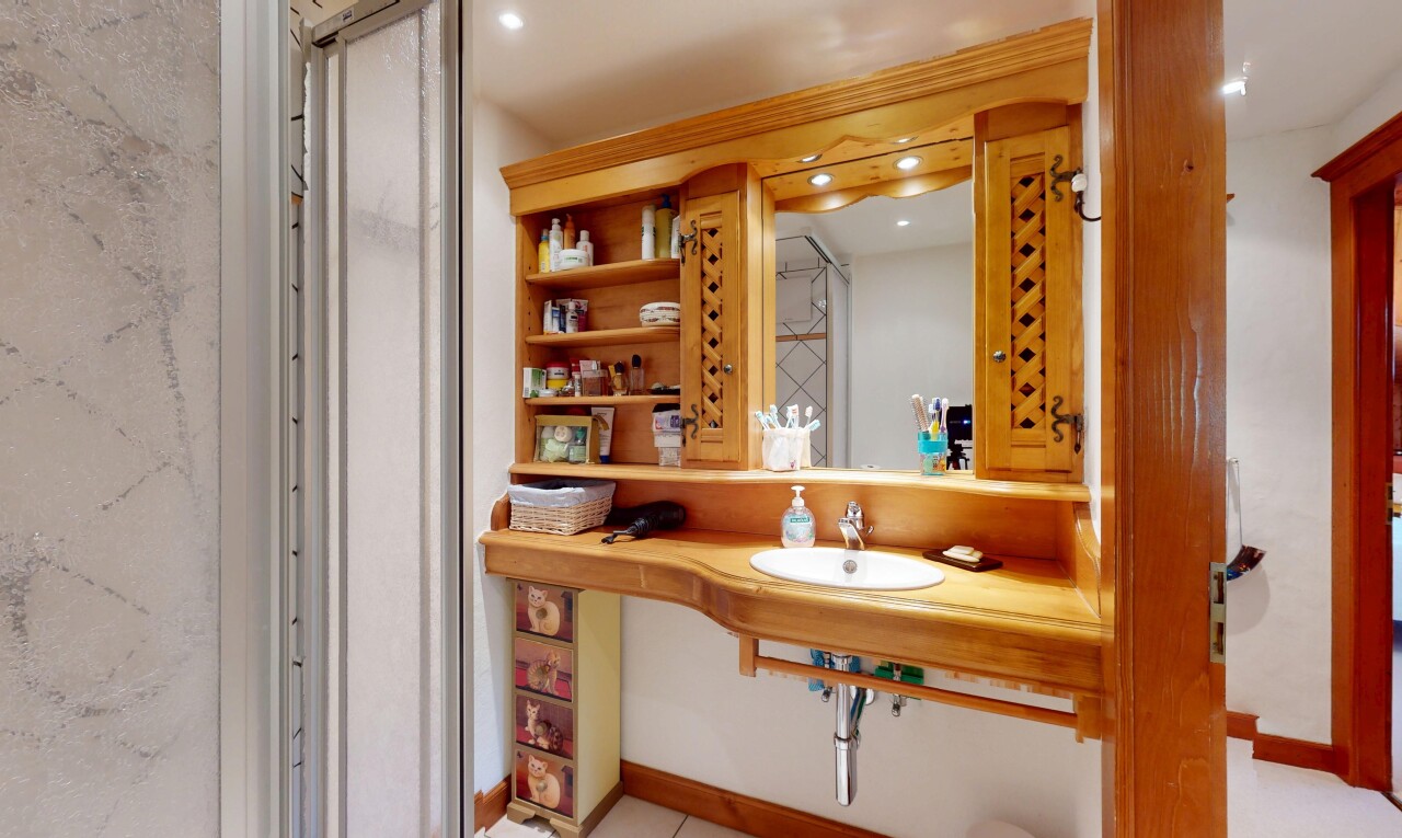 salle de bains avec évier, inside property, miroir, douche, et drywall