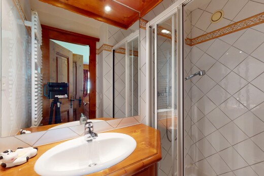 bad mit waschbecken, inside property, schminktisch, spiegel, und dusche