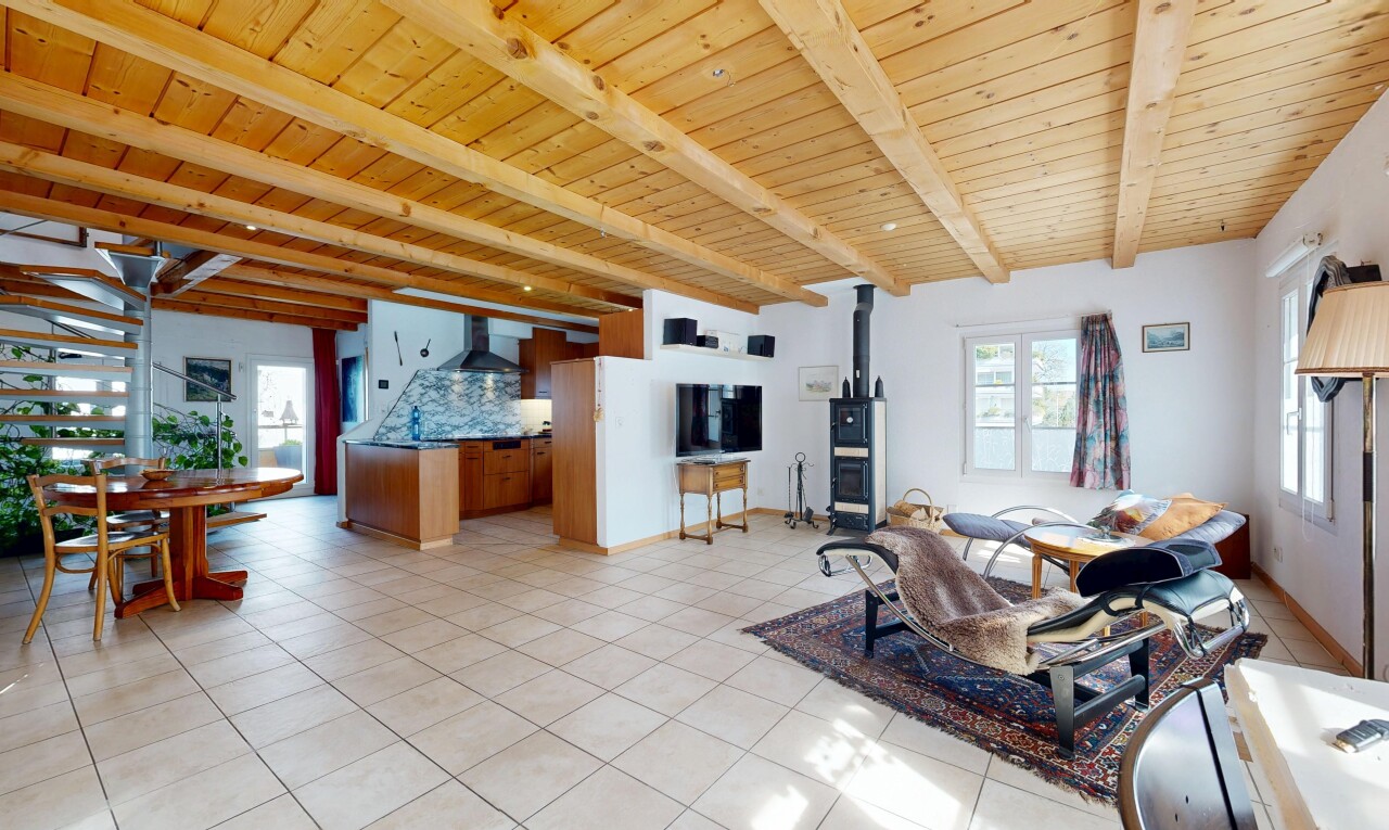 salon avec lumière naturelle, natural light, plafond en bois, wood ceiling, et plafond à poutres