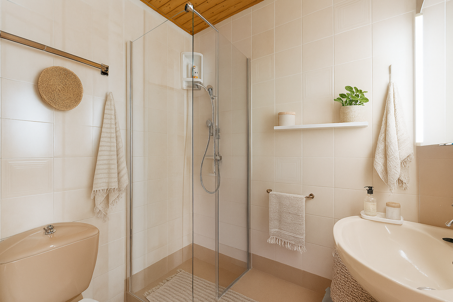 bad mit komplettes badezimmer, fliesenwand, waschbecken, und dusche