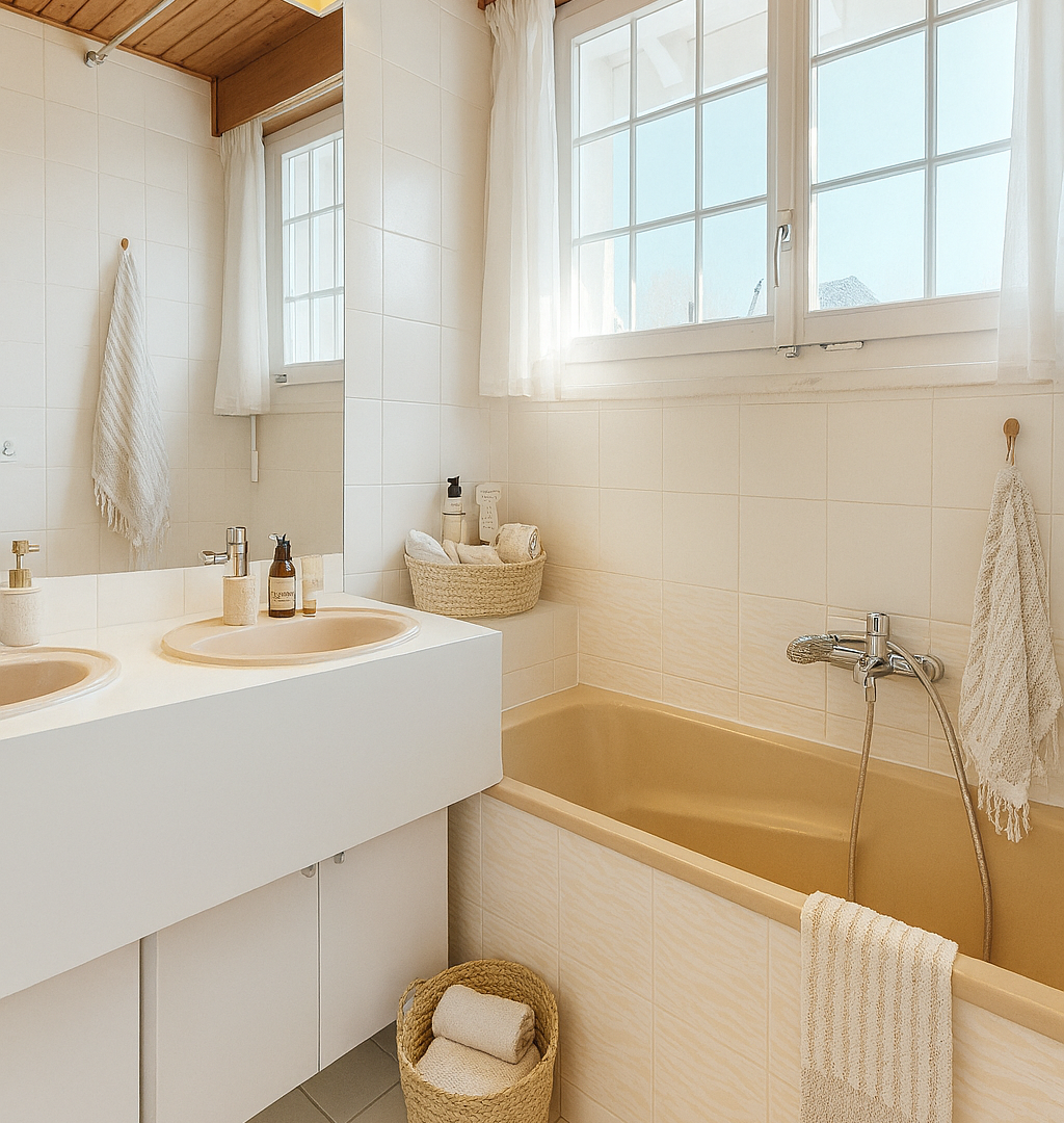 bad mit komplettes badezimmer, wood ceiling, holzdecke, natural light, und natürliches licht