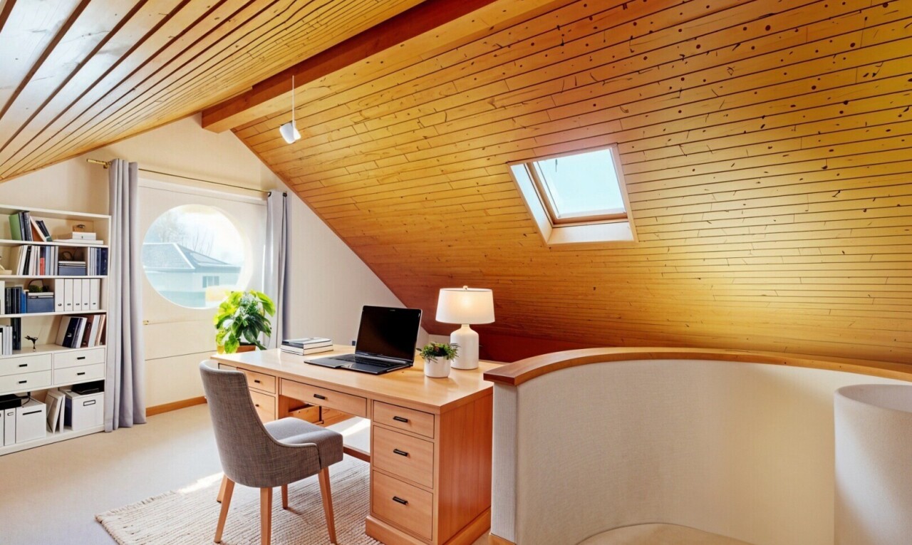 büro mit vaulted ceiling, dachschräge, inside property, bürobereich, und beamed ceiling
