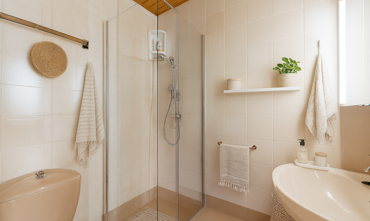 bad mit komplettes badezimmer, fliesenwand, waschbecken, und dusche