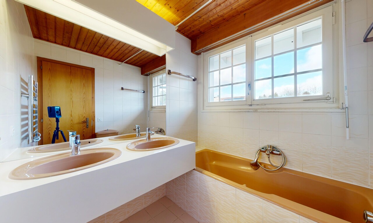 bad mit komplettes badezimmer, wood ceiling, holzdecke, natural light, und natürliches licht