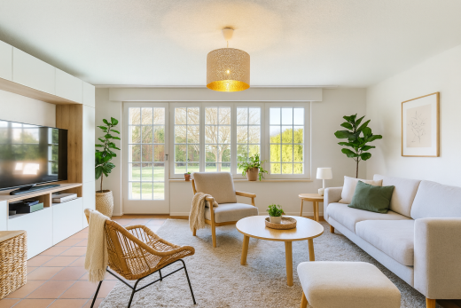 salon avec lumière naturelle, natural light, télévision, cloison sèche, et drywall