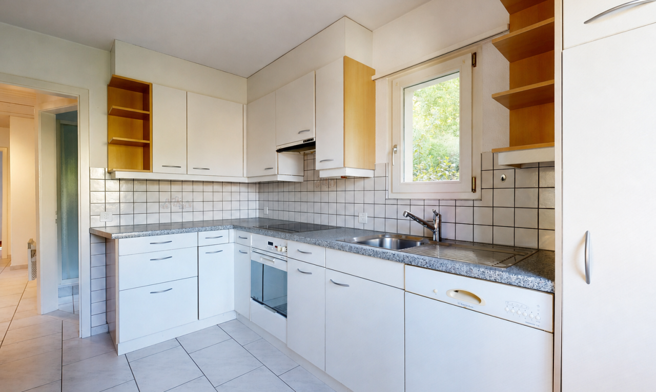 küche mit offene regale, open shelves, arbeitsplatten, dark countertops, und light floor