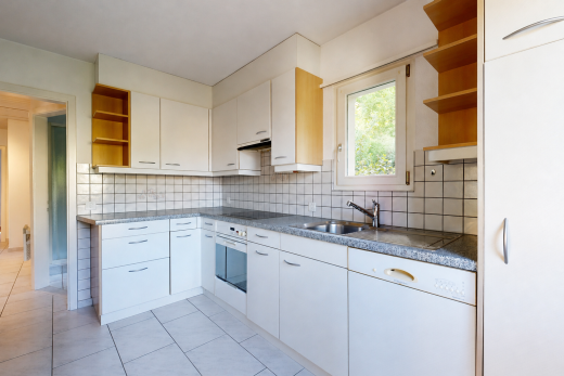 küche mit offene regale, open shelves, arbeitsplatten, dark countertops, und light floor