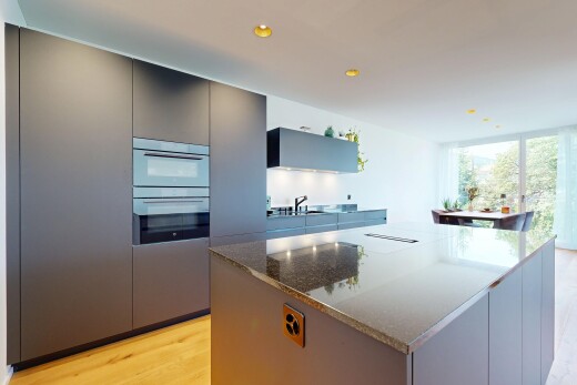 küche mit schränke mit flachen paneelen, flat panel cabinets, holzfußboden, wood finish floor, und light floor