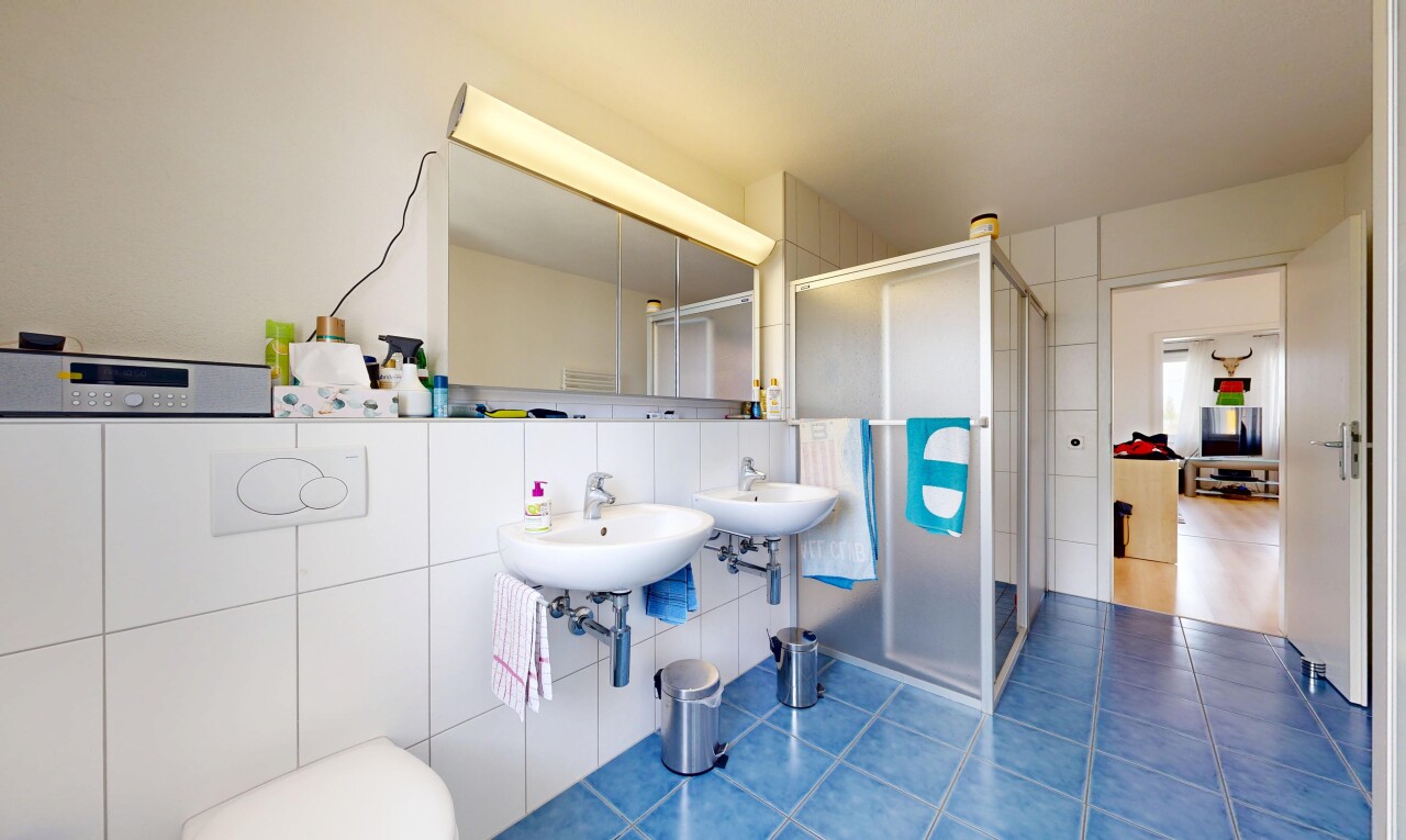 bad mit komplettes badezimmer, dusche, inside property, tile floor, und fliesenboden
