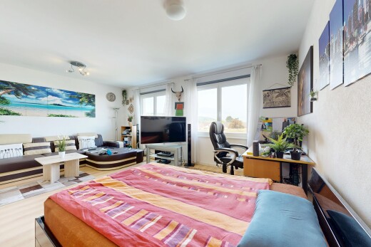 chambre avec télévision, natural light, lumière naturelle, inside property, et wood finish floor