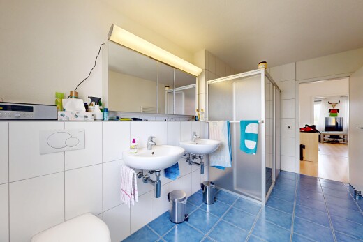 bad mit komplettes badezimmer, dusche, inside property, tile floor, und fliesenboden