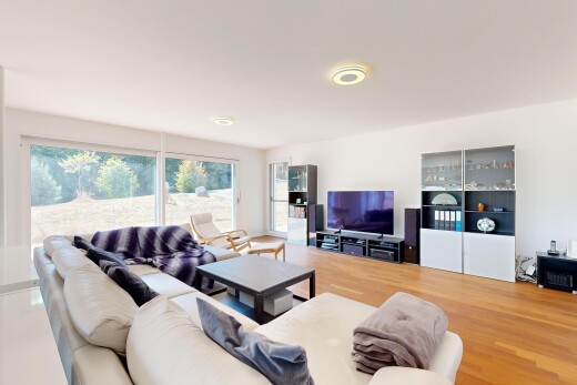 salon avec télévision, drywall, cloison sèche, wood finish floor, et sol en finition bois