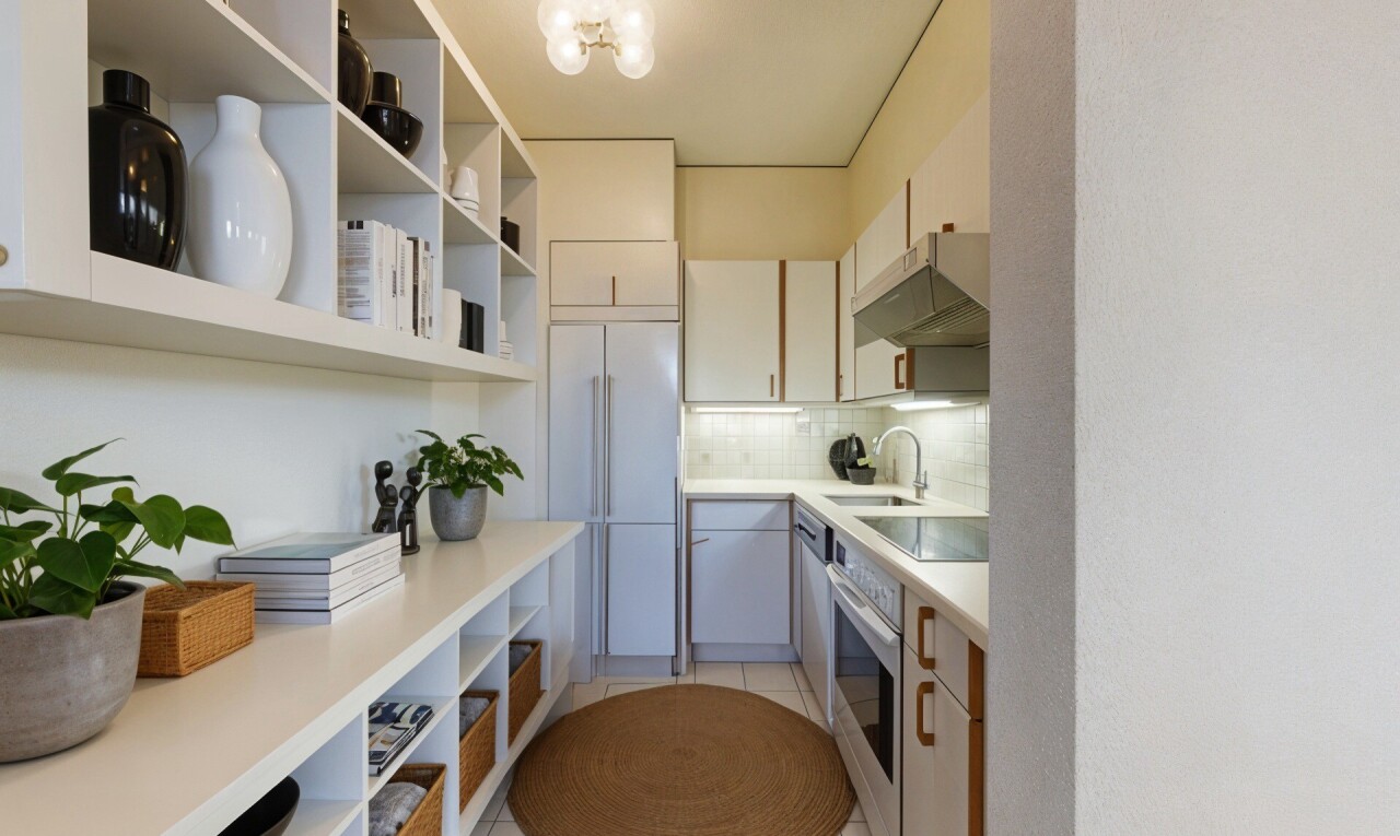 cuisine avec étagères ouvertes, backsplash, dosseret, plans de travail, et tile floor