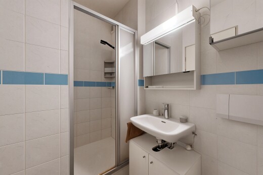 salle de bains avec miroir, salle de bain complète, douche, lavabo (ou coiffeuse selon le contexte), et inside property