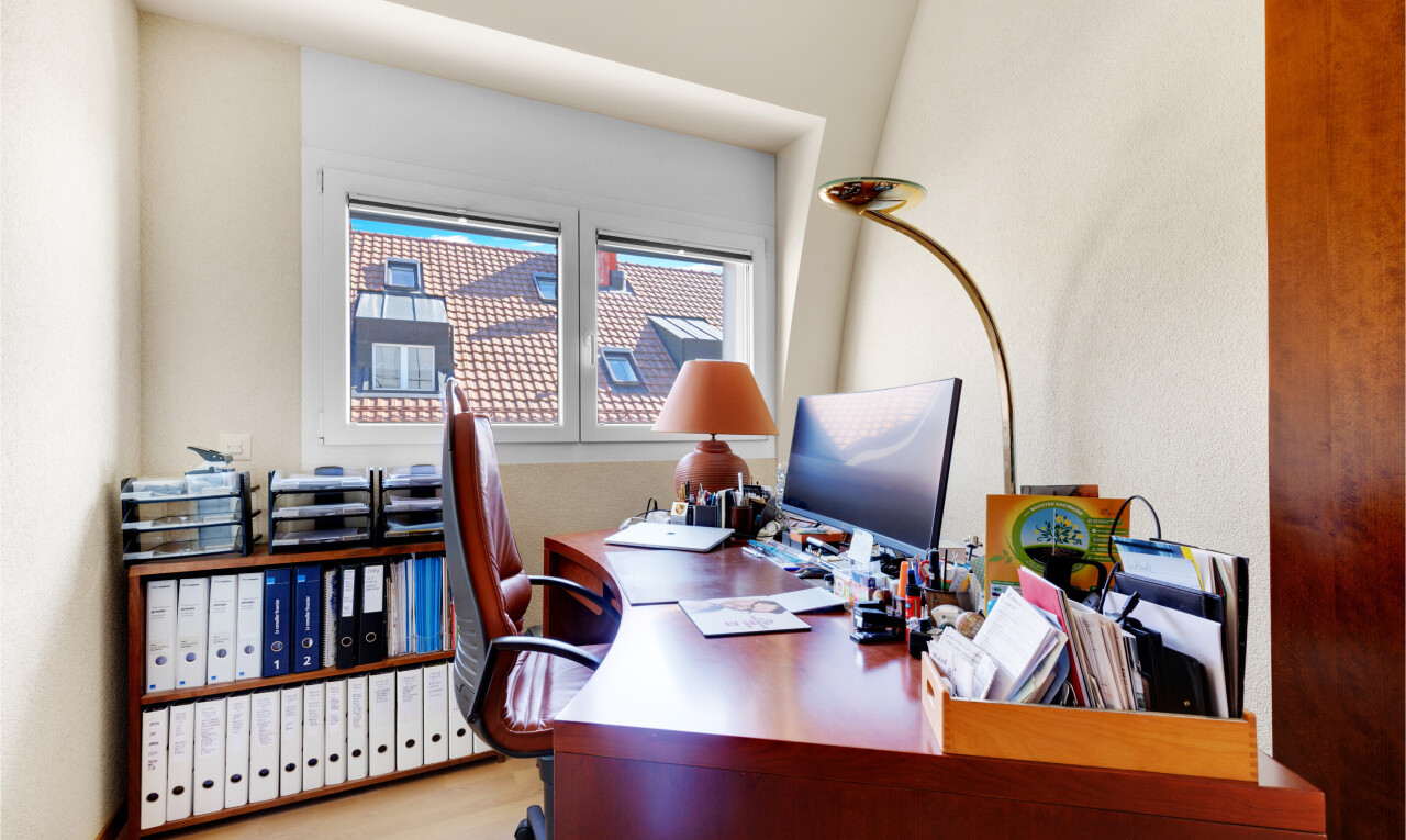bureau avec lumière naturelle, natural light, télévision, inside property, et espace bureau