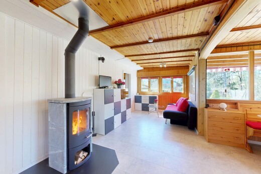 salon avec mur en bois, wood wall, lumière naturelle, natural light, et poêle à bois