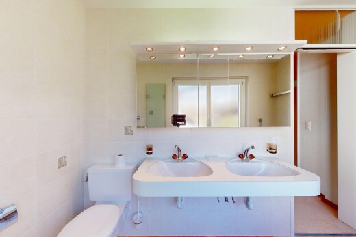 bad mit spiegel, waschbecken, toilette, und fliesenwand