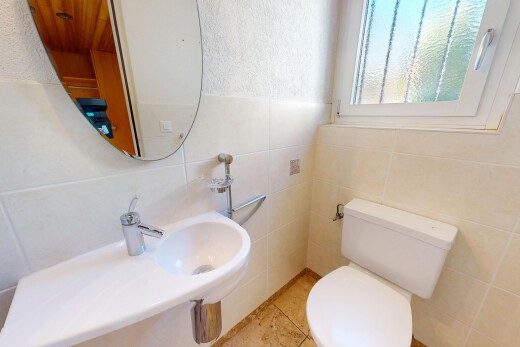 bad mit toilette, waschbecken, gäste-wc, natürliches licht, und spiegel