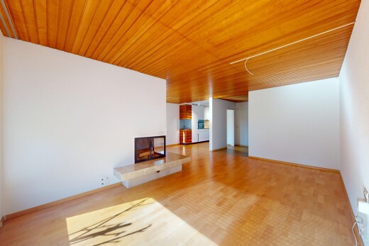 leerer raum mit kamin, gipskartonwand, holzdecke, und holzfußboden