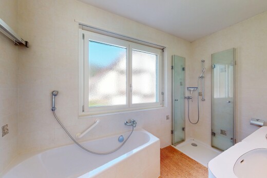 bad mit bad, natürliches licht, komplettes badezimmer, und dusche