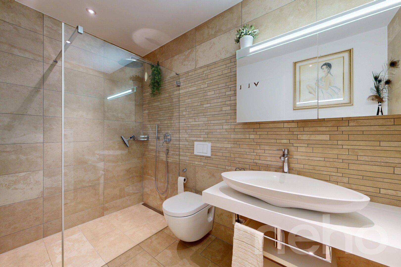 salle de bains avec mur en carrelage, tile wall, salle de bain complète, douche, et évier