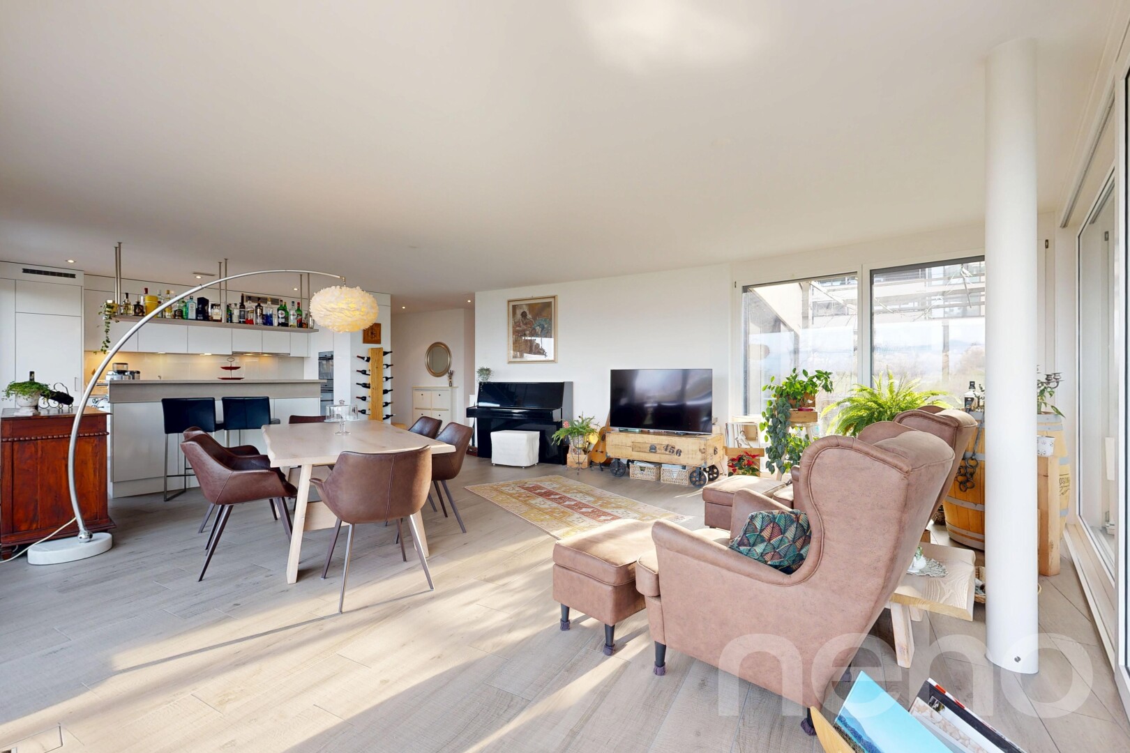 salon / salle à manger avec télévision, inside property, lumière naturelle, natural light, et cloison sèche
