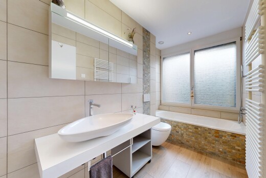 salle de bains avec chauffe-serviettes, radiateur, bain, salle de bain complète, et miroir