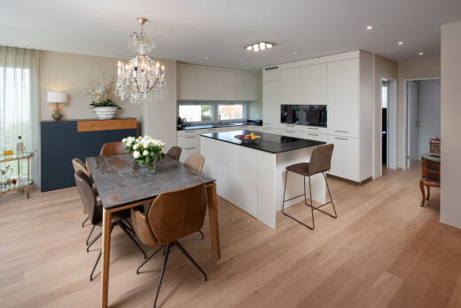 küche mit schränke mit flachen paneelen, natural light, natürliches licht, küchenbar, und wood finish floor