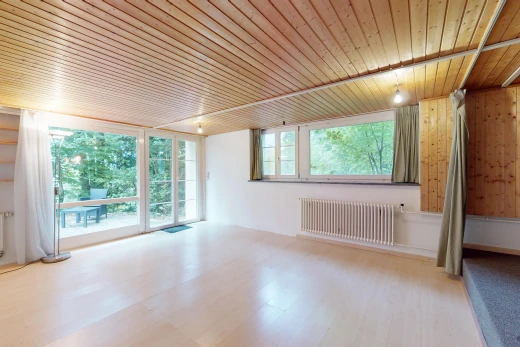 leerer raum mit holzwand, kühler, holzdecke, parkettboden, und natürliches licht