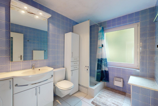 bad mit fliesenwand, fliesenboden, dusche, spiegel, und toilette