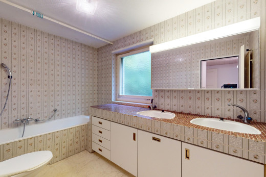 bad mit schminktisch, natürliches licht, waschbecken, und toilette